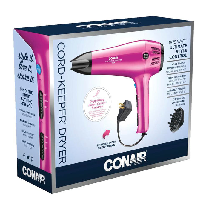 Conair 209R Ionic Ceramic Cord Keeper Hair Dryer, Pink, 1875 Watts by Pasteur Pharmacy