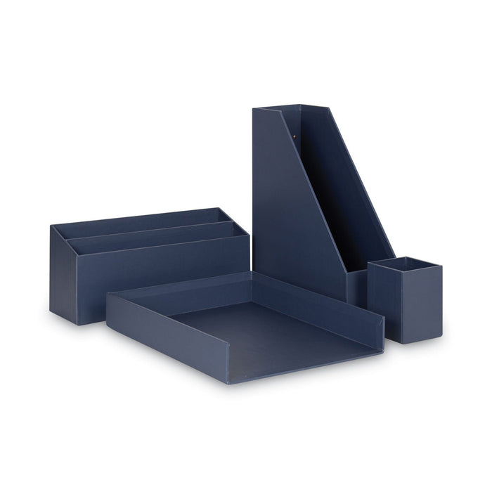 U Brands Four-Piece Desk Organization Kit, Magazine Holder/Paper Tray/Pencil Cup/Storage Bin, Chipboard, Navy