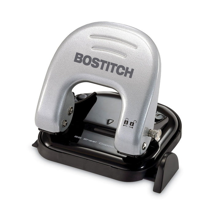 Bostitch 20-Sheet EZ Squeeze Two-Hole Punch, 9/32" Holes, Black/Silver