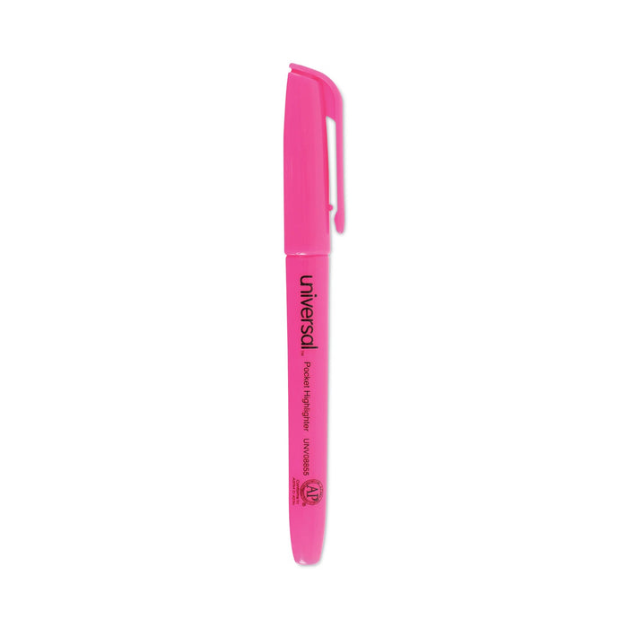 Universal Pocket Highlighters, Fluorescent Pink Ink, Chisel Tip, Pink Barrel, Dozen