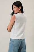 CREW NECK SLEEVELESS DIAGONAL PANEL STRIPE TOP: LT GREY-CREAM STRIPE by Boutique 23