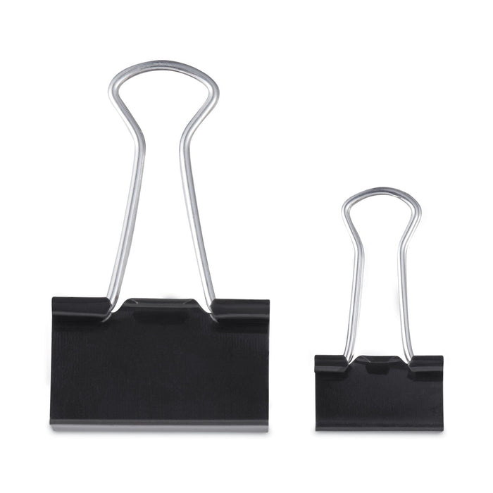 Universal Binder Clips with Storage Tub, (50) Small (0.75"), (10) Medium (1.25"), Black/Silver
