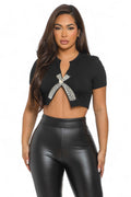 Rhinestone Front Split Open Crop T-Shirt by The House of Stylez