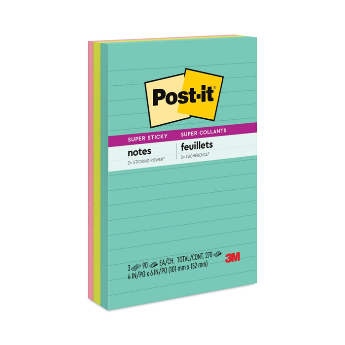 Post-it Pads in Supernova Neon Collection Colors, Note Ruled, 4" x 6", 90 Sheets/Pad, 3 Pads/Pack