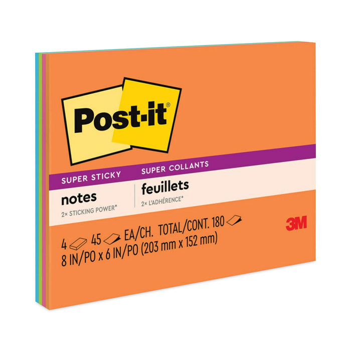 Post-it Meeting Notes in Energy Boost Collection Colors, 8" x 6", 45 Sheets/Pad, 4 Pads/Pack