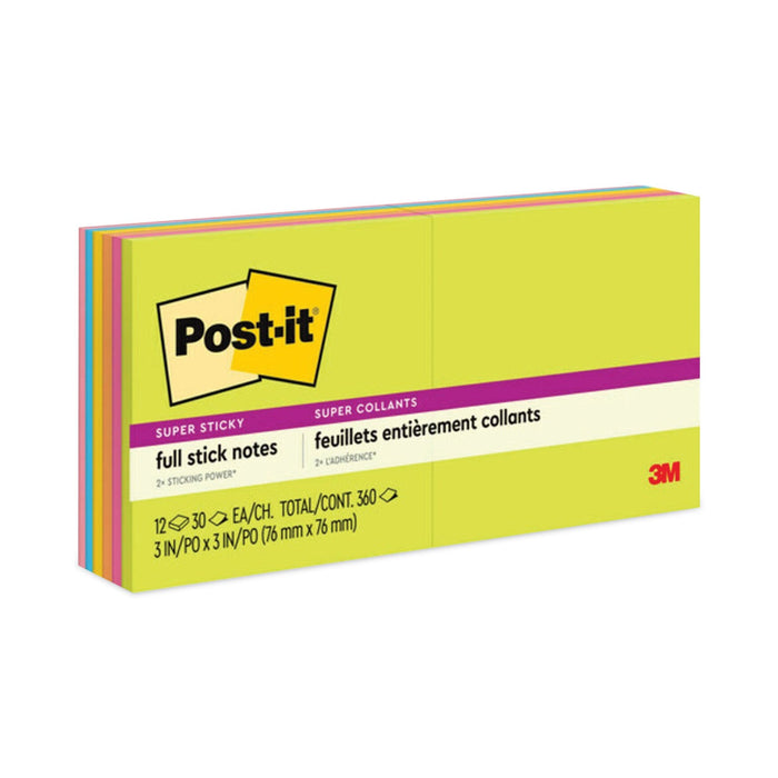 Post-it Full Stick Notes, 3" x 3", Energy Boost Collection Colors, 25 Sheets/Pad, 12 Pads/Pack