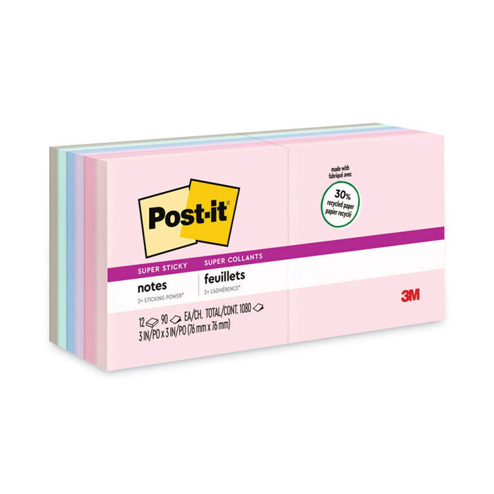Post-it Recycled Notes in Wanderlust Pastels Collection Colors, 3" x 3", 90 Sheets/Pad, 12 Pads/Pack
