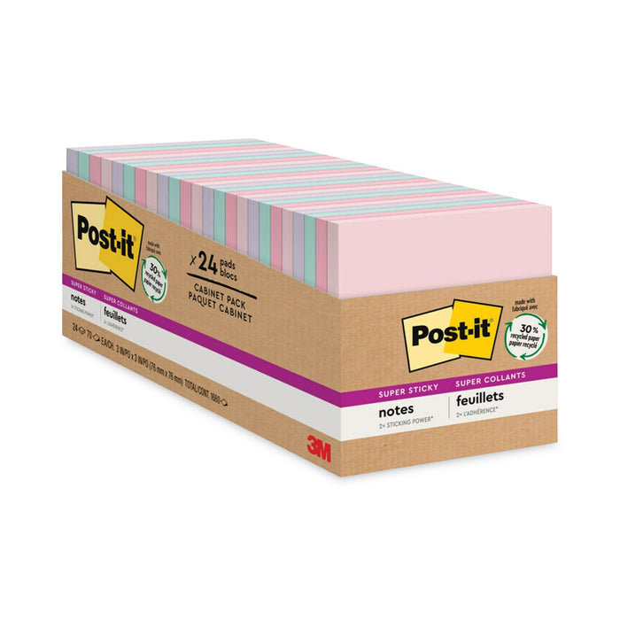Post-it Recycled Notes in Wanderlust Pastel Collection Colors, Cabinet Pack, 3" x 3", 70 Sheets/Pad, 24 Pads/Pack