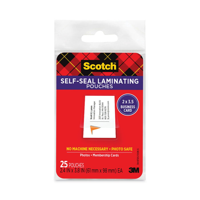 Scotch Self-Sealing Laminating Pouches, 9.5 mil, 3.88" x 2.44", Gloss Clear, 25/Pack