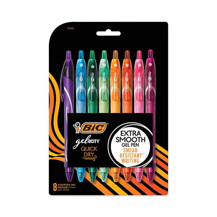BIC Gel-ocity Quick Dry Gel Pen, Retractable, Medium 0.7 mm, Assorted Ink and Barrel Colors, 8/Pack