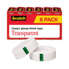 Scotch Transparent Tape, 1" Core, 0.75" x 83.33 ft, Transparent, 6/Pack