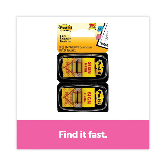 Post-it Arrow Message 1" Page Flags, "Sign Here", Yellow, 50 Flags/Dispenser, 2 Dispensers/Pack