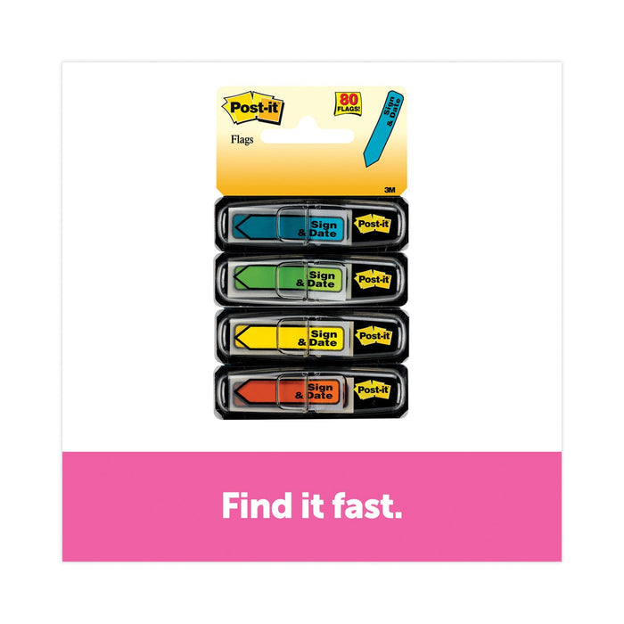 Post-it Arrow Message 0.5" Page Flags, Sign and Date, 4 Primary Colors, 20 Flags/Dispenser, 4 Dispensers/Pack