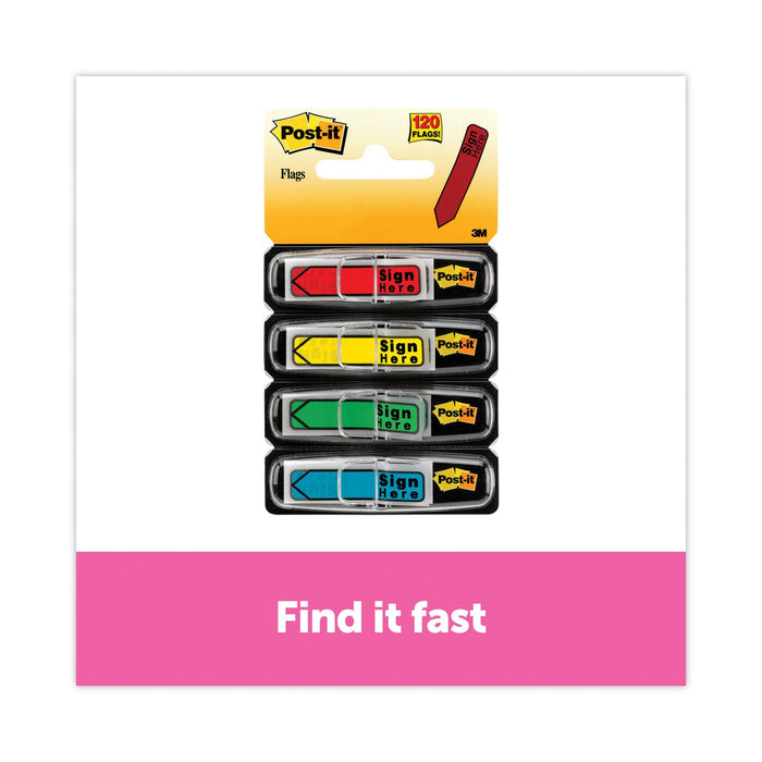 Post-it Arrow Message 0.5" Page Flags w/Dispensers, "Sign Here", Asst Primary, 30 Flags Dispenser, 4 Dispensers/Pack