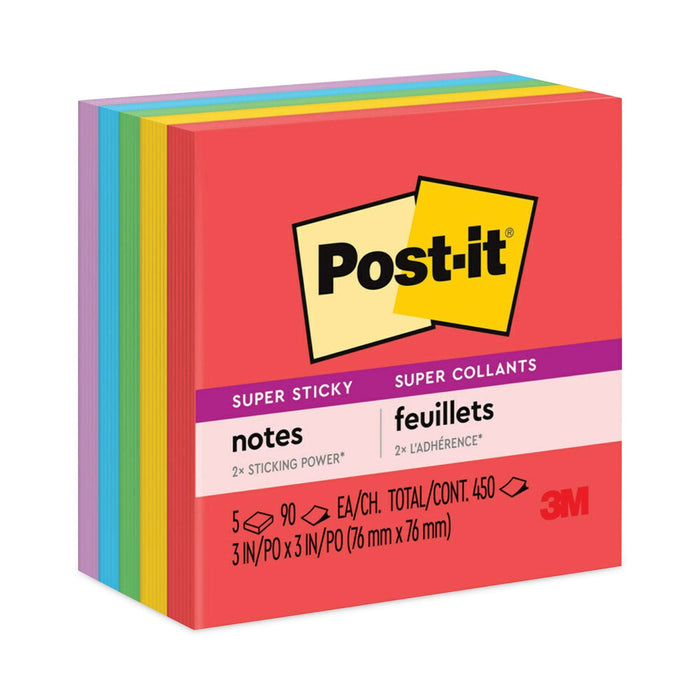 Post-it Pads in Playful Primary Collection Colors, 3" x 3", 90 Sheets/Pad, 5 Pads/Pack