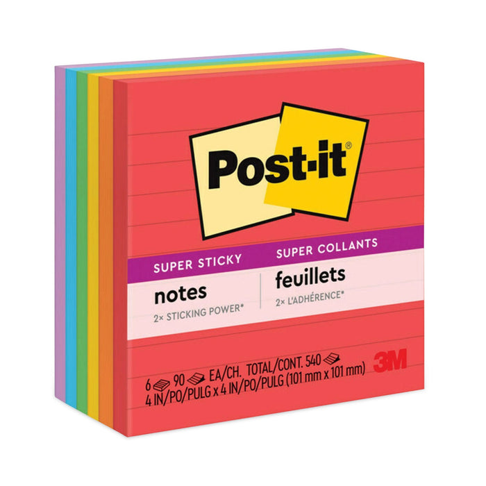 Post-it Pads in Playful Primary Collection Colors, Note Ruled, 4" x 4", 90 Sheets/Pad, 6 Pads/Pack