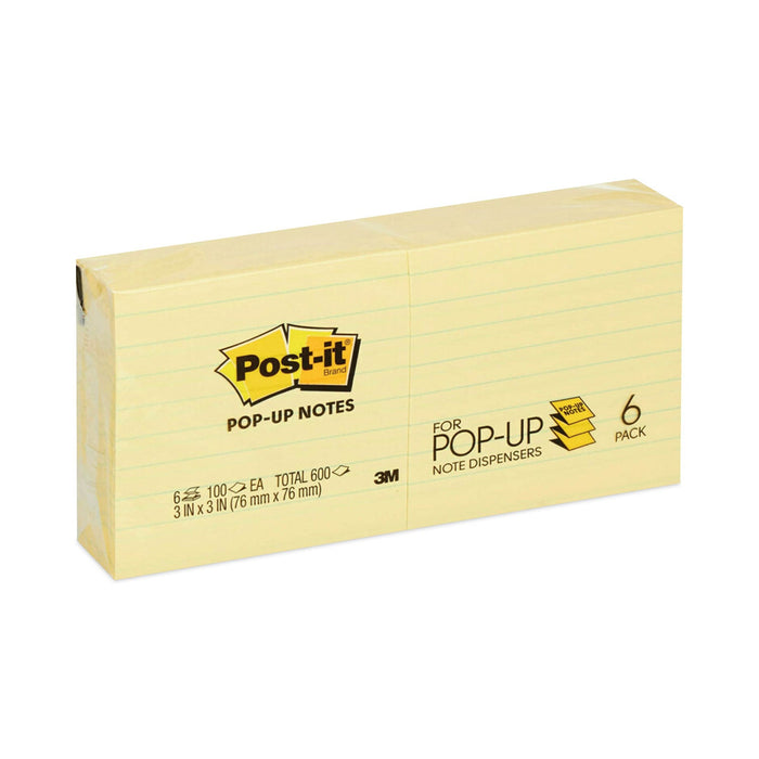 Post-it Original Canary Yellow Pop-up Refill, Note Ruled, 3" x 3", Canary Yellow, 100 Sheets/Pad, 6 Pads/Pack