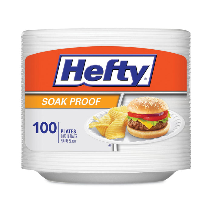 Hefty Soak Proof Tableware, Foam Plates, 8.88" dia, White, 100/Pack