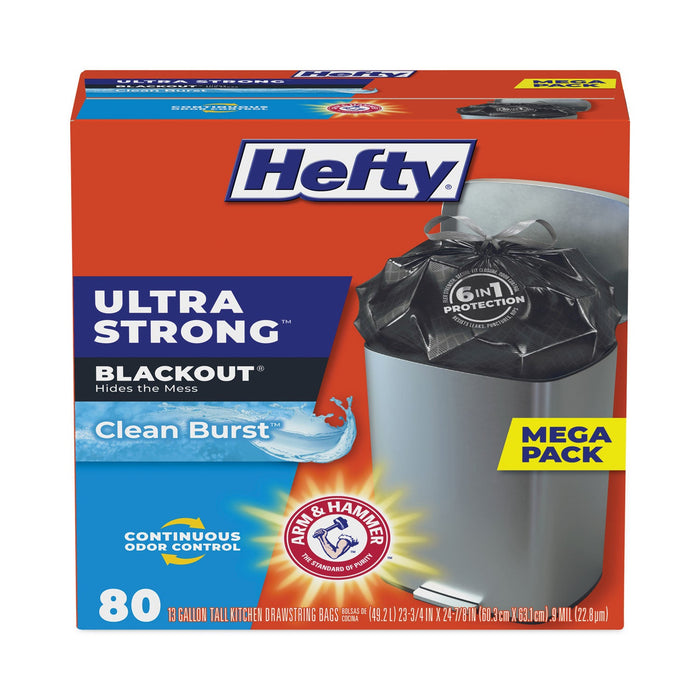 Hefty Ultra Strong BlackOut Tall-Kitchen Drawstring Bags, 13 gal, 0.9 mil, 23.75" x 24.88", Black, 80/Box