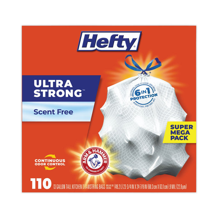 Hefty Ultra Strong Tall Kitchen and Trash Bags, 13 gal, 0.9 mil, 23.75" x 24.88", White, 330/Carton