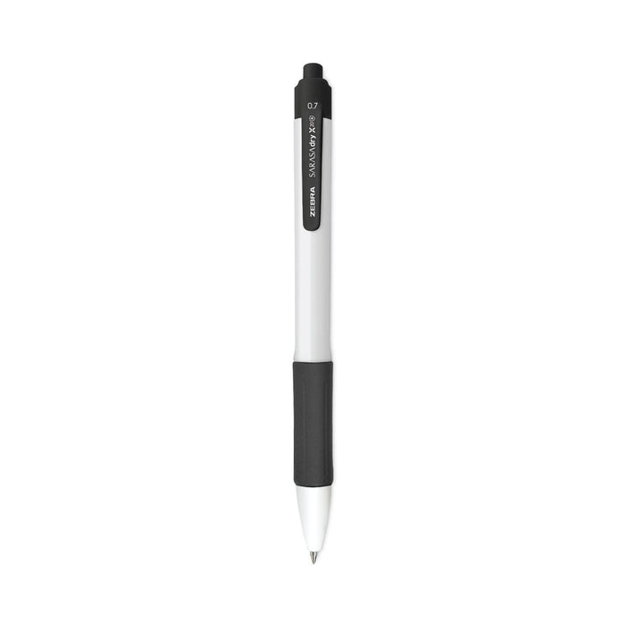 Zebra Sarasa Dry X20+ Gel Pen, Retractable, Fine 0.7 mm, Black Ink, White Barrel, Dozen