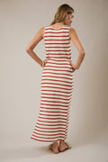 ROUND NECK SLEEVELESS SLIT STRIPE MAXI DRESS: CREAM-RED STRIPE by Boutique 23