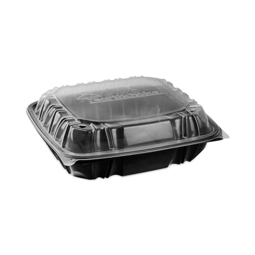 Pactiv Evergreen EarthChoice Vented Dual Color Microwavable Hinged Lid Container, 3-Compartment 34oz, 10.5x9.5x3, Black/Clear, Plastic, 132/CT
