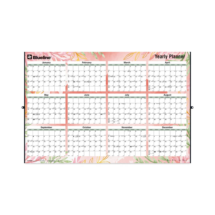Blueline Yearly Laminated Wall Calendar, Autumn Leaves Watercolor Artwork, 36 x 24, White/Sand/Orange Sheets, 12-Month (Jan-Dec): 2023