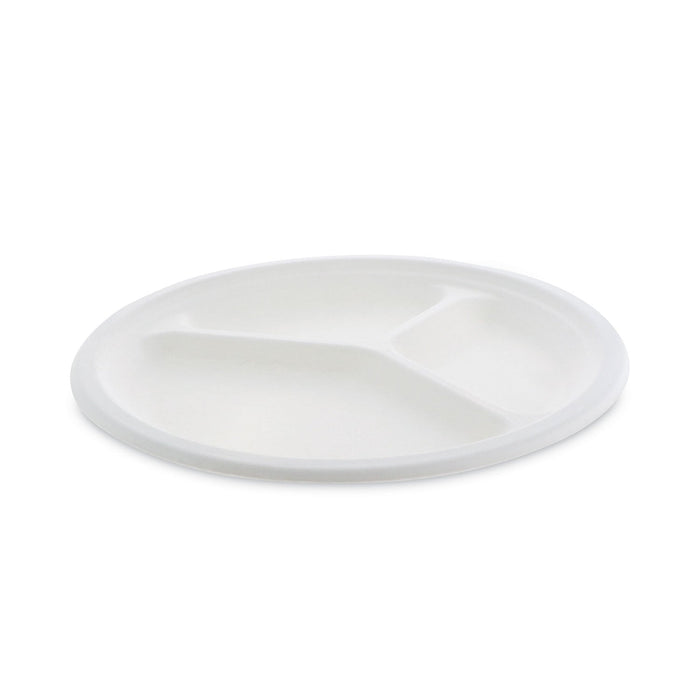 Pactiv Evergreen EarthChoice Compostable Fiber-Blend Bagasse Dinnerware, 3-Compartment Plate, 10" dia, Natural, 500/Carton