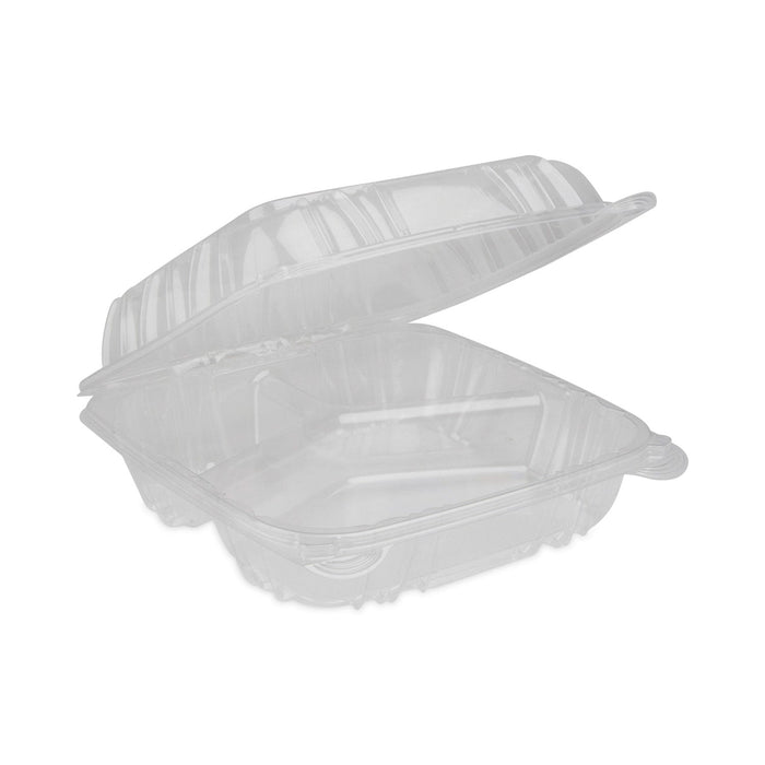 Pactiv Evergreen SENSATION SmartLock Hinged Lid Container, 3-Compartment, 8.24 x 8.34 x 3.05, Clear, Plastic, 200/Carton