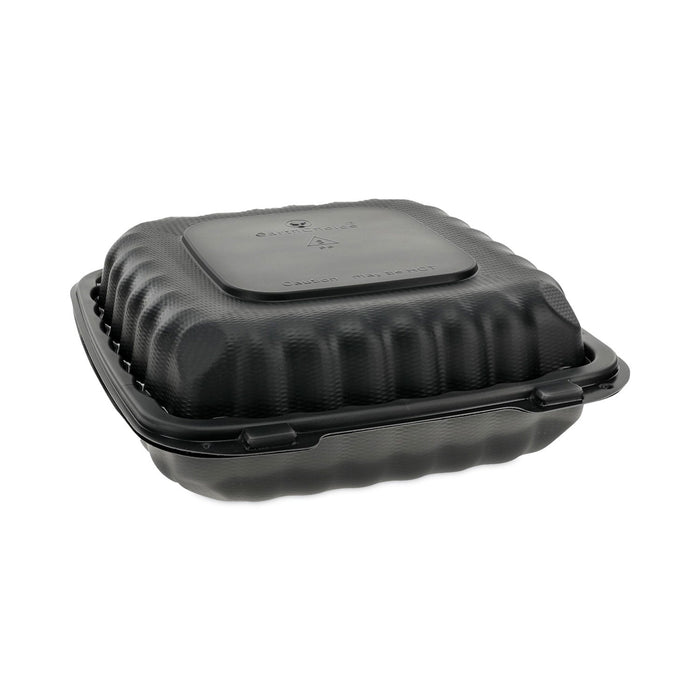 Pactiv Evergreen EarthChoice SmartLock Microwavable MFPP Hinged Lid Container, 3-Compartment, 9.33 x 8.88 x 3.1, Black, Plastic, 120/Carton