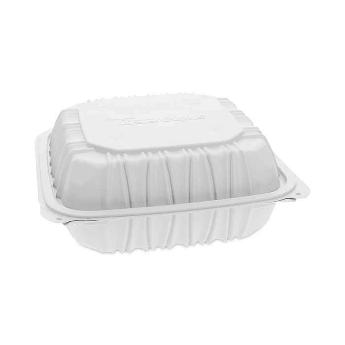 Pactiv Evergreen EarthChoice Vented Microwavable MFPP Hinged Lid Container, 3-Compartment, 8.5 x 8.5 x 3.1, White, Plastic, 146/Carton