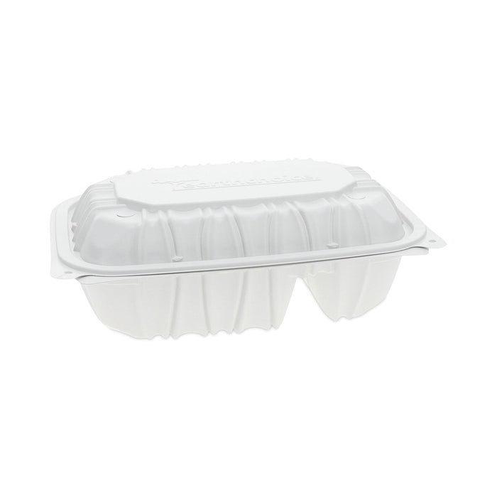 Pactiv Evergreen EarthChoice Vented Microwavable MFPP Hinged Lid Container, 2-Compartment, 9 x 6 x 3.1, White, Plastic, 170/Carton