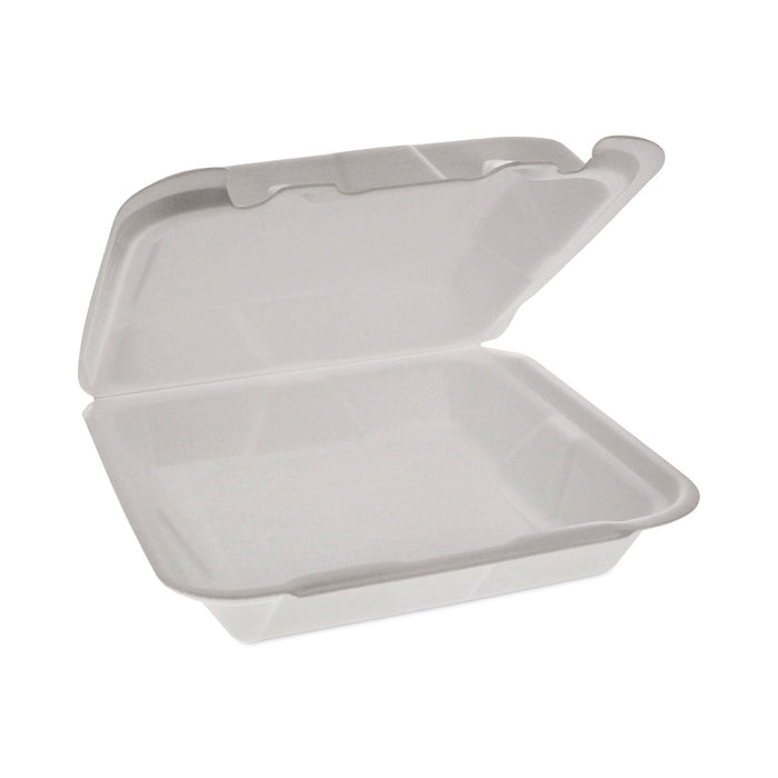 Pactiv Evergreen Foam Hinged Lid Container, Dual Tab Lock Happy Face, 8 x 7.75 x 2.25, White, 200/Carton