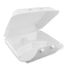 Pactiv Evergreen SmartLock Foam Hinged Lid Container, Large, 3-Compartment, 9 x 9.25 x 3.25, White, 150/Carton