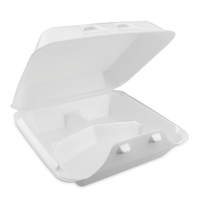 Pactiv Evergreen SmartLock Foam Hinged Lid Container, Large, 3-Compartment, 9 x 9.25 x 3.25, White, 150/Carton