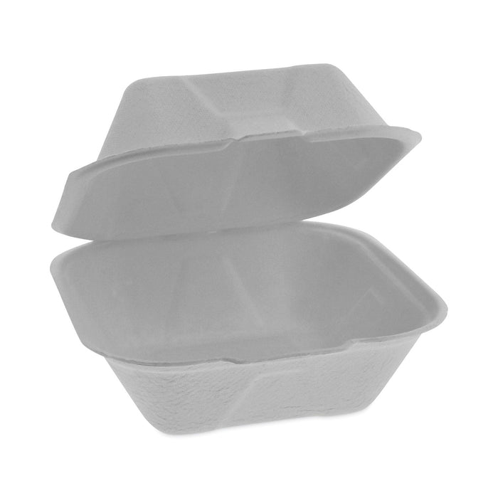 Pactiv Evergreen EarthChoice Bagasse Hinged Lid Container, Single Tab Lock, 6" Sandwich, 5.8 x 5.8 x 3.3, Natural, Sugarcane, 500/Carton