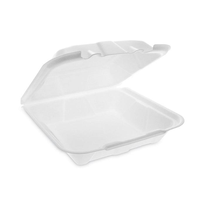 Pactiv Evergreen Vented Foam Hinged Lid Container, Dual Tab Lock Economy, 9.13 x 9 x 3.25, White, 150/Carton