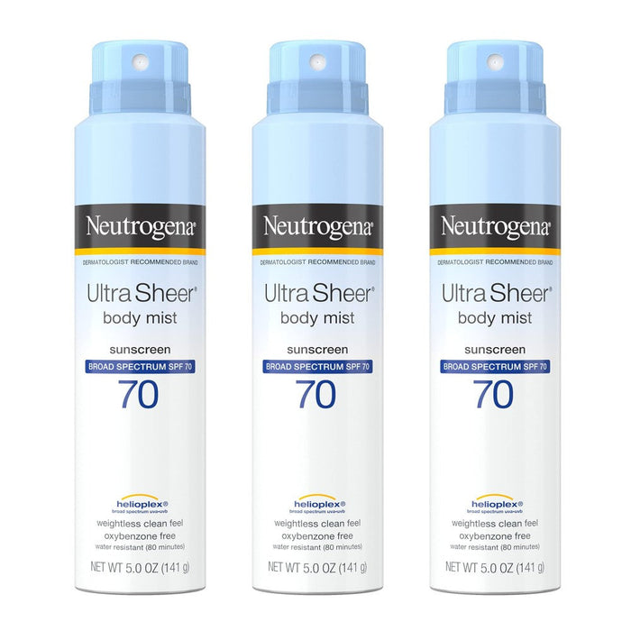 Neutrogena Ultra Sheer Body Mist Sunscreen Spray, Broad Spectrum SPF 70, Lightweight Spray Sunscreen, Non-Greasy & Water Resistant, Oil-Free & Non-Comedogenic U by Pasteur Pharmacy
