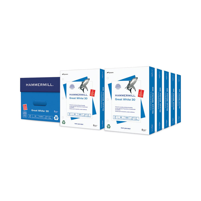 Hammermill Great White 30 Recycled Print Paper, 92 Bright, 3Hole, 20 lb Bond Weight, 8.5 x 11, White, 500 Sheets/Ream, 10 Reams/Carton