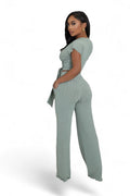 Cropped Belted Top Wide Leg Bottom 2 Piece Set {Tall Girl Friendly} by The House of Stylez