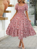 Floral Square Neck Short Sleeve Tiered Dress - Pink by Boutique 23