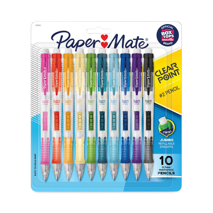 Paper Mate Clear Point Mechanical Pencil, 0.7 mm, HB (#2), Black Lead, Assorted Barrel Colors, 10/Pack
