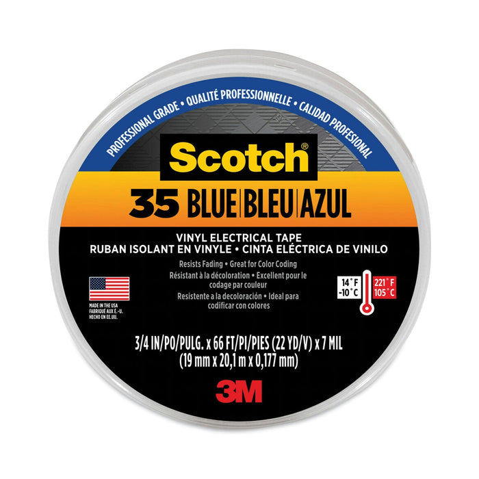 3M Scotch 35 Vinyl Electrical Color Coding Tape, 3" Core, 0.75" x 66 ft, Blue
