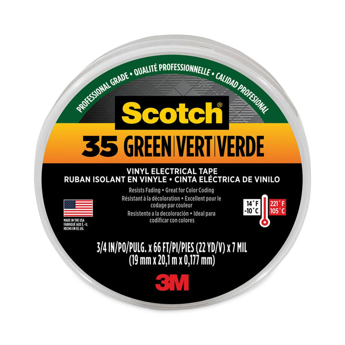 3M Scotch 35 Vinyl Electrical Color Coding Tape, 3" Core, 0.75" x 66 ft, Green