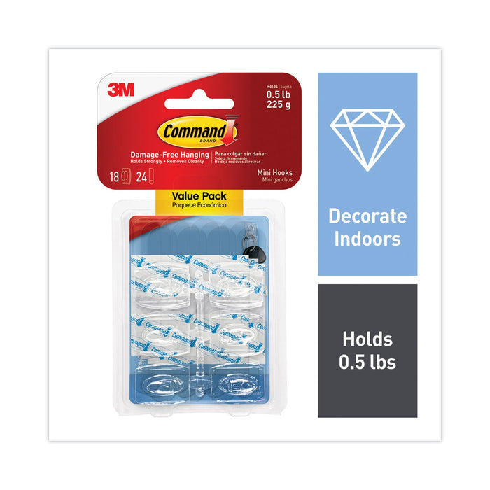 Command Clear Hooks and Strips, Plastic, Mini, 18 Hooks and 24 Strips/Pack