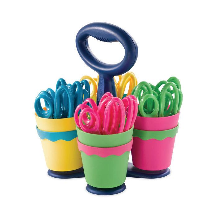 Westcott Scissor Caddy with Kids' Scissors, 5" Long, 2" Cut Length, Light Blue; Light Green; Pink; Yellow, Straight Handles, 24/Set