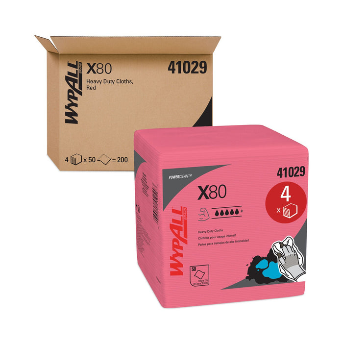 WypAll Power Clean X80 Heavy Duty Cloths,, 12.5 x 12, Red, 50/Box, 4 Boxes/Carton