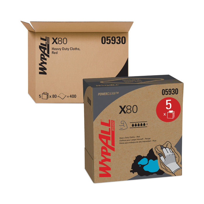 WypAll X80 Cloths, HYDROKNIT, POP-UP Box, 8.34 x 16.8, Red, 80/Box, 5 Box/Carton