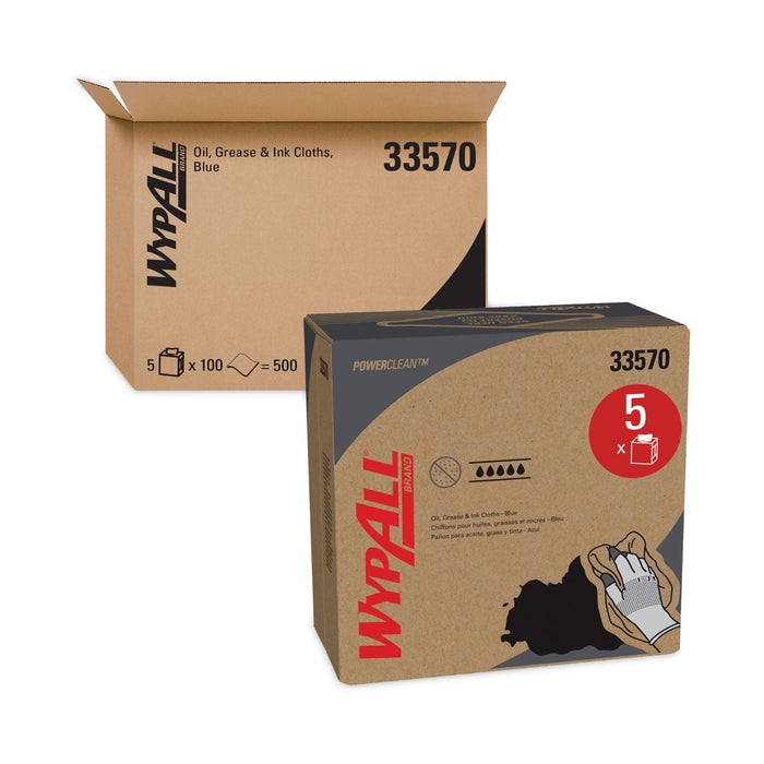 WypAll Power Clean Oil, Grease and Ink Cloths, POP-UP Box, 8.8 x 16.8, Blue, 100/Box, 5/Carton